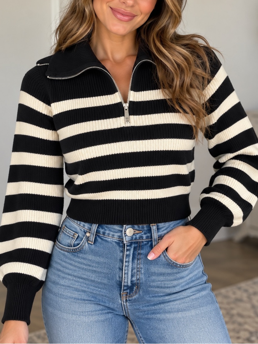 Zara Black and Cream Striped cropped quarter-zip Cowl Neck Sweater
